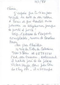 Carta dirigida a Aniela Rubinstein. París (Francia), 14-01-1988