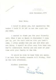 Carta dirigida a Aniela Rubinstein. Duisburg (Alemania), 14-11-1979