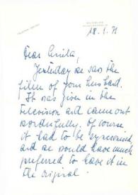 Carta dirigida a Aniela Rubinstein. Duisburg (Alemania), 18-01-1971