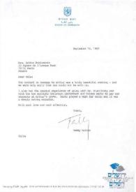 Carta dirigida a Aniela Rubinstein. Jerusalén (Israel), 16-09-1987