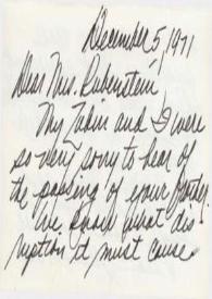 Tarjeta dirigida a Aniela Rubinstein. Los Angeles (California), 05-12-1971