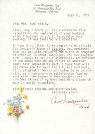 Carta dirigida a Aniela Rubinstein. Huntington (Nueva York), 21-07-1987