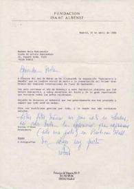 Carta dirigida a Aniela Rubinstein. Madrid (España), 22-04-1988