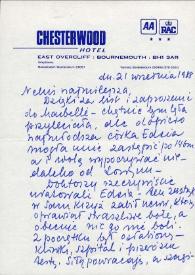Carta dirigida a Aniela Rubinstein. Bournemouth (Inglaterra), 21-09-1988