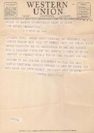 Telegrama dirigido a Aniela Rubinstein. Beverly Hills (California), 27-03-1941