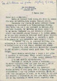 Carta dirigida a Aniela Rubinstein. Cleveland (Ohio), 07-03-1940