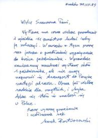 Carta dirigida a Aniela Rubinstein. Cracovia (Polonia), 30-08-1989