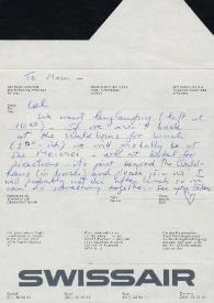 Carta dirigida a Aniela Rubinstein. Suiza