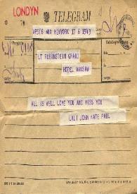 Telegrama dirigido a Aniela Rubinstein. Nueva York, 07-05-1962