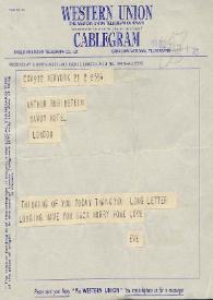 Telegrama dirigido a Arthur Rubinstein. Nueva York (Estados Unidos), 04-12-1956