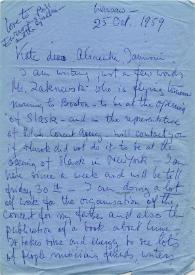 Carta a Kathryn Cardwell, Alina y John Rubinstein. Varsovia (Polonia), 29-10-1959