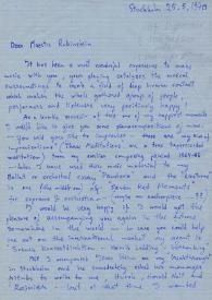 Carta dirigida a Arthur Rubinstein. Estocolmo (Suecia), 25-05-1970