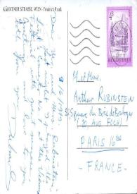Postal dirigida a Aniela y Arthur Rubinstein. Viena (Austria), 10-06-1979