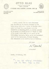 Carta dirigida a Arthur Rubinstein. Londres (Inglaterra), 12-02-1975