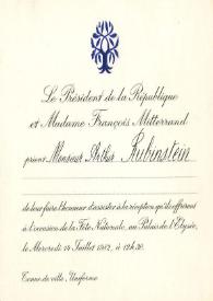 Tarjeta de invitación dirigida a Arthur Rubinstein. París (Francia), 14-07-1982