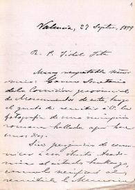 Carta de Luis Tramoyeres Blasco a Fidel Fita comunicando el hallazgo de una inscripción romana a finales de agosto de 1899 y el envio de su descripción y fotografía