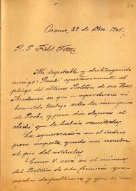 Carta de M. Macías a F. Fita adjuntándole la 'reseña de la dedicación a Probo' y un taco de fotograbados. No están junto a la carta. Le informa que...