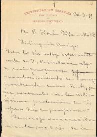 Carta de J. Salarrullana pidiendo a F. Fita noticias sobre su propuesta de nombramiento como correspondiente de la Academia de la Historia y...