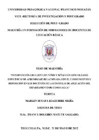 Intervención educativa en niños y niñas con dificultades específicas de aprendizaje relacionada con el conocimiento y disposición en los docentes...