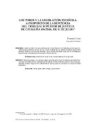 Los toros y la legislación española. A propósito de la Sentencial del Tribunal Superior de Justicia de Cataluña 854/2001 de 11 de julio
