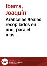 Aranceles  Reales recopilados en uno, para el mas pronto y uniforme despacho en las aduanas [Texto impreso]