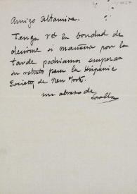 Carta de Joaquín Sorolla a Rafael Altamira. [1912 o 1913?]