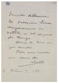 Carta de Joaquín Sorolla a Rafael Altamira. 3 de enero de 1913