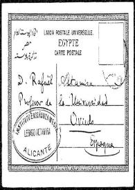Tarjeta postal de L. Raus a Rafael Altamira. Luxor (Egipto), 3 de abril de 1909