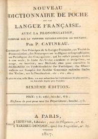 Nouveau Dictionnaire de poche de la langue française, avec la prononciation, composé sur le systeme orthographique de Voltaire...