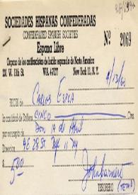 Recibo de Carlos Esplá de las Sociedades Hispanas Confederadas. Nueva York, 13 de abril de 1960