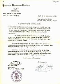 Carta de Angel Subirá, Presidente de la Solidaridad Republicana Española, a Carlos Esplá para ayudar a los republicanos necesitados. París, 10 de diciembre de 1964