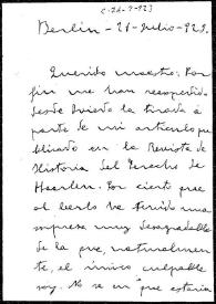 Carta de José María Ots a Rafael Altamira. Berlín, 21 de julio de 1923