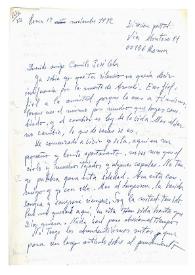 Carta de María Zambrano a Camilo José Cela. Roma, 17 de noviembre de 1972

