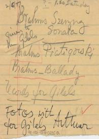 Programa manuscrito apuntado en un papel : Brahms
