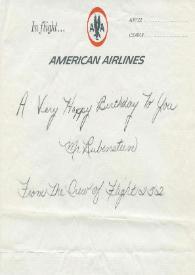 Carta de felicitación de Americn Airlines a Arthur Rubinstein. 28 de enero