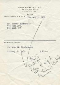 Carta de George Carter, M. D., P. C. a Artur Rubinstein. New York, 5 february 1980