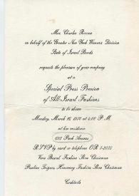 Invitación a Arthur Rubinstein. New York, 16 de marzo de 1970