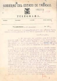 Telegrama de Aureliano Colorado a Venustiano Carranza. Villahermosa, Tabasco (México), 13 de marzo de 1916
