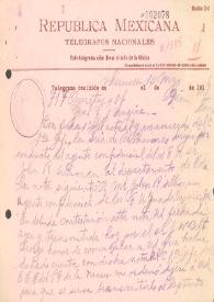 Telegrama de Villahermosa a Querétaro (México), 14 de marzo de 1916