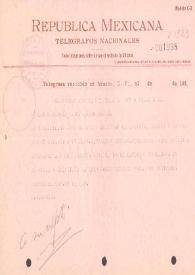 Telegrama de M. Álvarez a Francisco J. Múgica.Veracruz (México), 23 de marzo de 1916