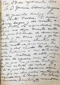 Carta de Miguel Hernández a Germán Vergara Donoso. Cox (Alicante), 27 de septiembre de 1939