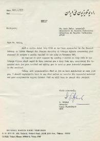 Carta mecanografiada de Asfshar, S (Director Musical de la Radio Televisión Iraní) a Luis Galve. 1974-10-01