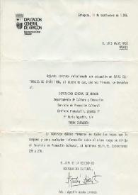 Carta mecanografiada de Azaña Lorenzo, Agustín  (Jefe de la Sección de Cooperación Cultural de la Diputación de Aragón) a Luis Galve. 1986-09-11