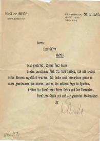 Tarjeta Mecanografiada de Benda, Hans von (Director General de Música) a Luis Galve. 1943-02-08
