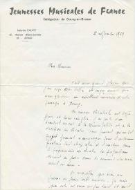 Carta manuscrita de Calvet , Murice (Jeunesses Musicales de France) a Luis Galve. 1969-09-21