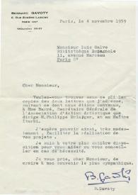 Carta mecanografiada de Gavoty Bernard a Luis Galve. 1959-11-04