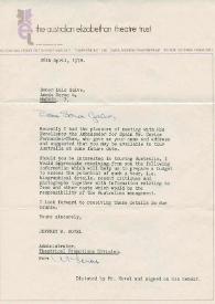 Carta mecanografiada de Kovel, Jeffrey W. (División de Promociones Teatrales) a Luis Galve. 1978-04-26