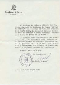 Carta mecanografiada de Llanas, Lorenzo (Presidente Sociedad Oscense de Conciertos) a Luis Galve. 1984-05-01