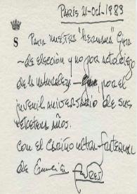 Tarjeta manuscrita de Segovia, Andrés a Georgina Jelicié. 1983-10-21