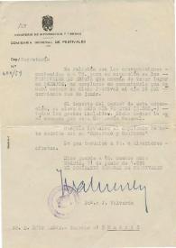 Carta mecanografiada de Valverde, J. (Ministerio de Información y Turismo ; Comisaría General de Festivales) a Luis Galve. 1959-06-11
